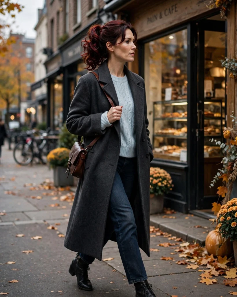 Dark Jeans with a Soft Knit and Long Wool Coat Fall Outfit for Women in Their 30s