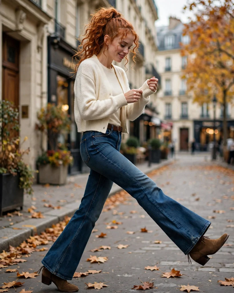 Flared Jeans with a Cropped Cardigan Simple Fall Outfit