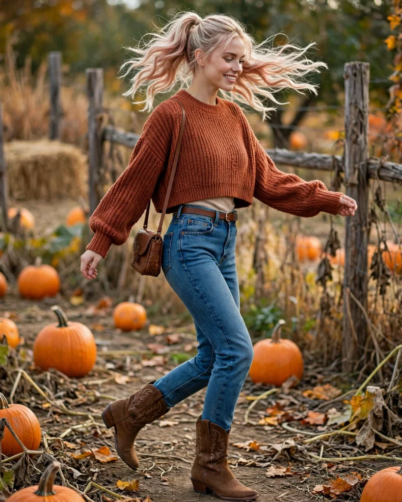 High-Waisted Jeans with a Cropped Sweater Pumpkin Patch Outfit with Jeans