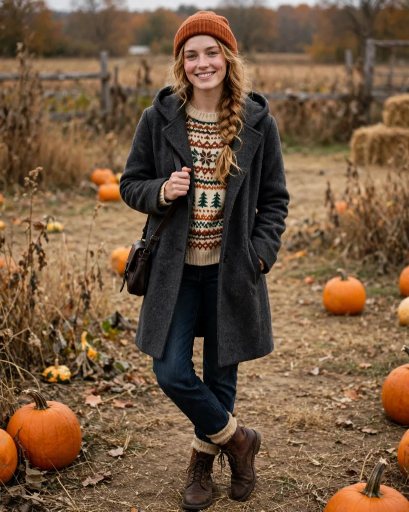 Hooded Wool Coat with a Fair Isle Sweater Cold Pumpkin Patch Outfit