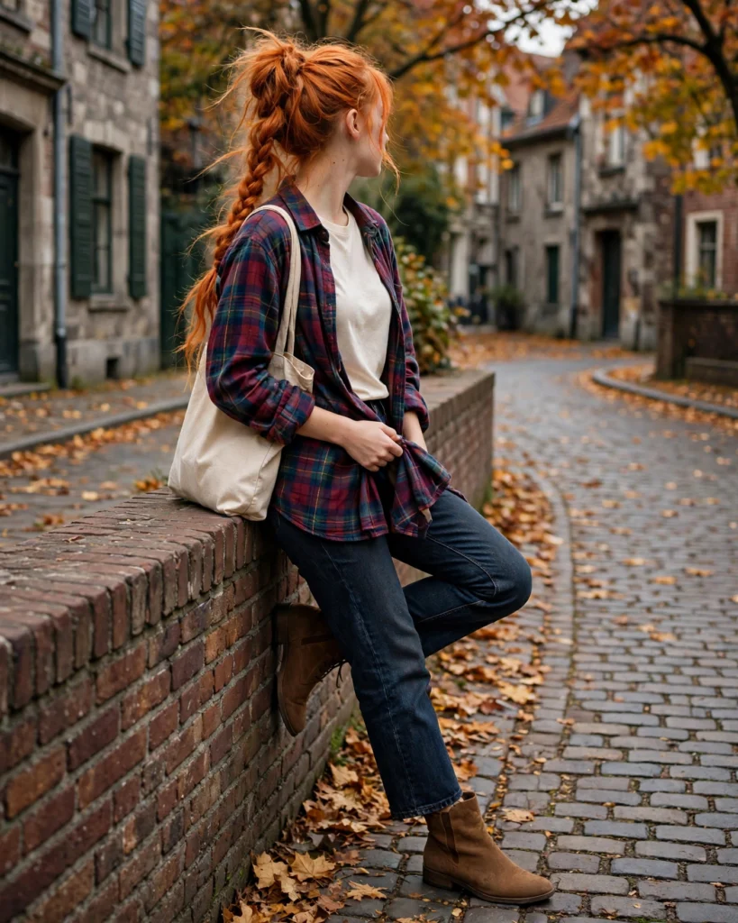 Jeans with a Plaid Shirt and Simple Tee Fall Jeans Outfit
