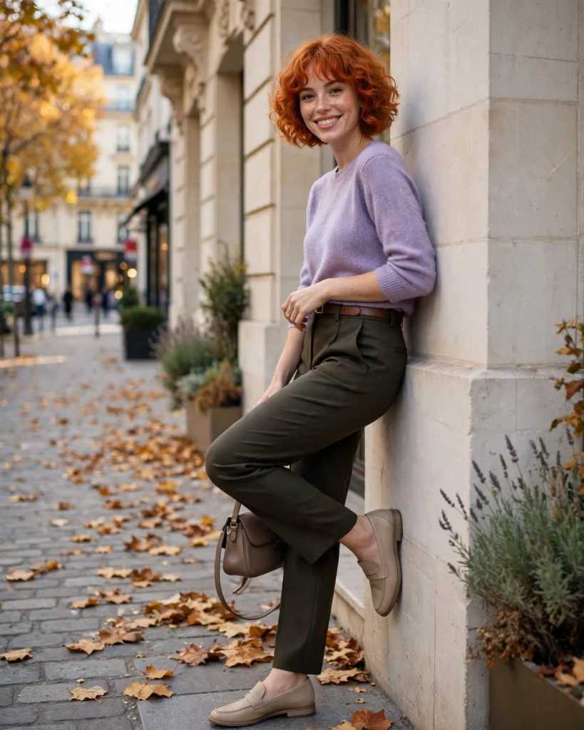 21 Nice Fall Outfits for 2026: Chic, Classy & Effortless Looks 19 Lavender Knit Top with Dark Olive Tailored Trousers Nice Fall Outfit