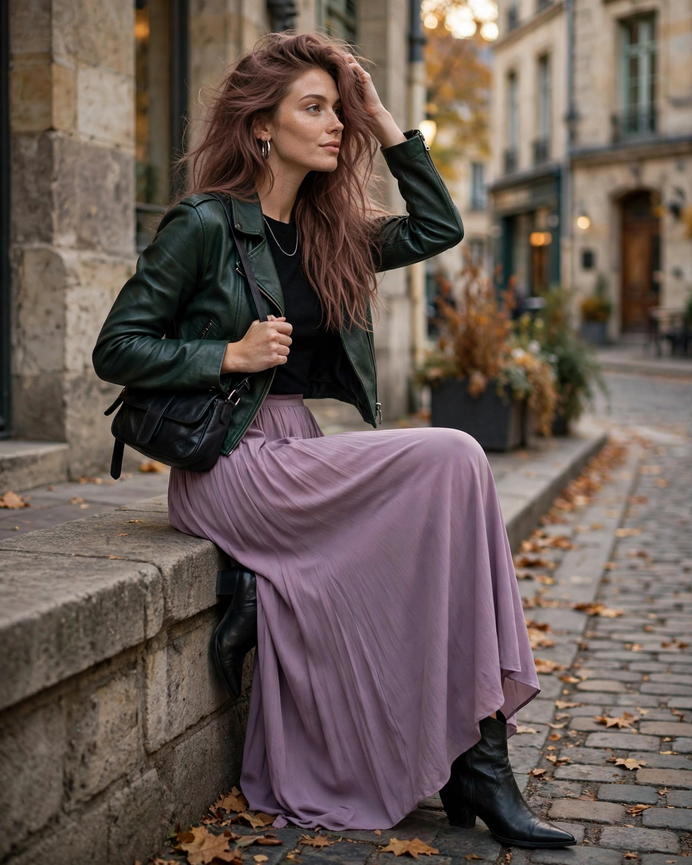 22 Classy Fall Outfits for Women: Elegant Looks to Wear This Season 20 Leather Jacket with a Flowing Maxi Skirt Classy Fall Outfit