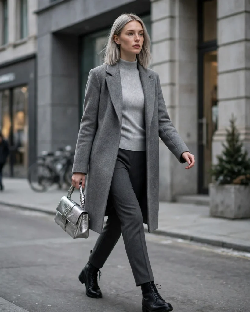 21 Winter Going Out Outfits: Chic Looks for Cold Nights 20 Monochrome Gray Outfit with Silver Accessories Winter Going Out Outfit