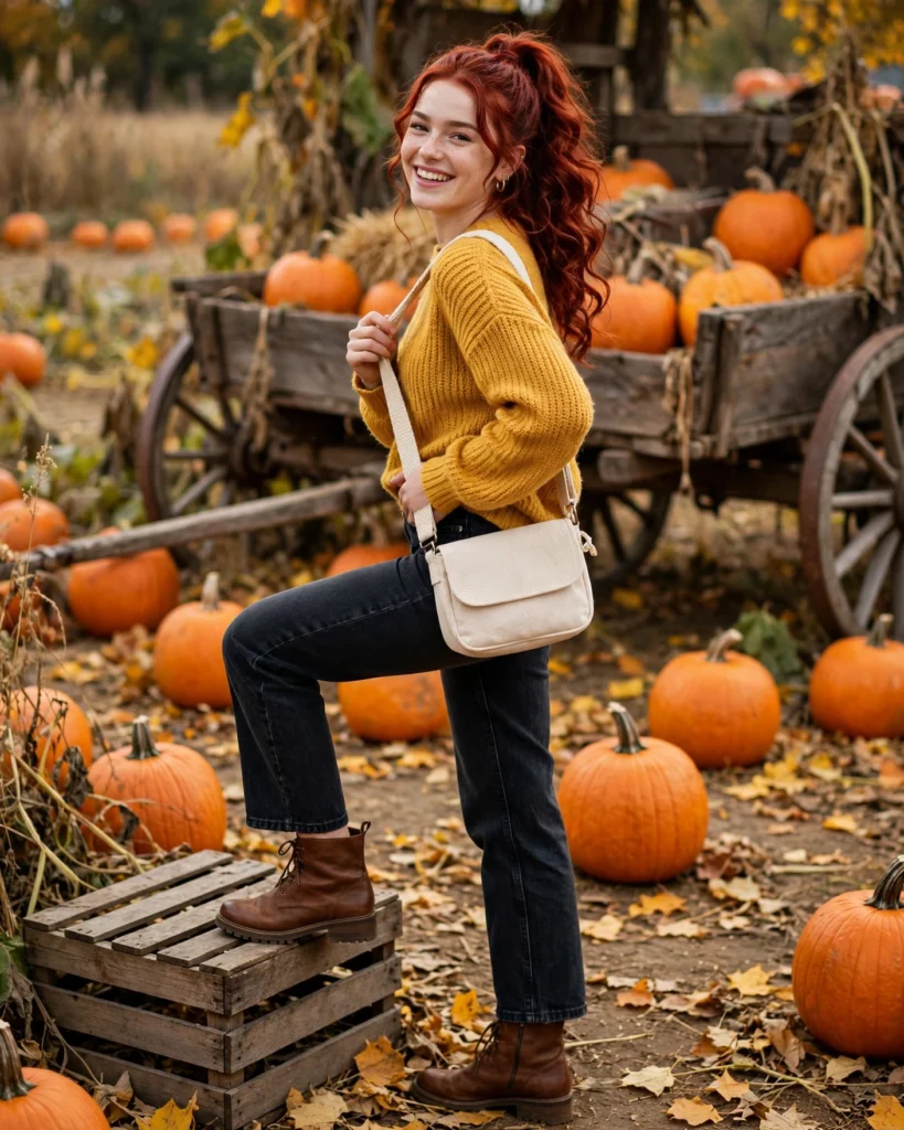 Mustard Sweater with Dark Denim Pumpkin Patch Outfit