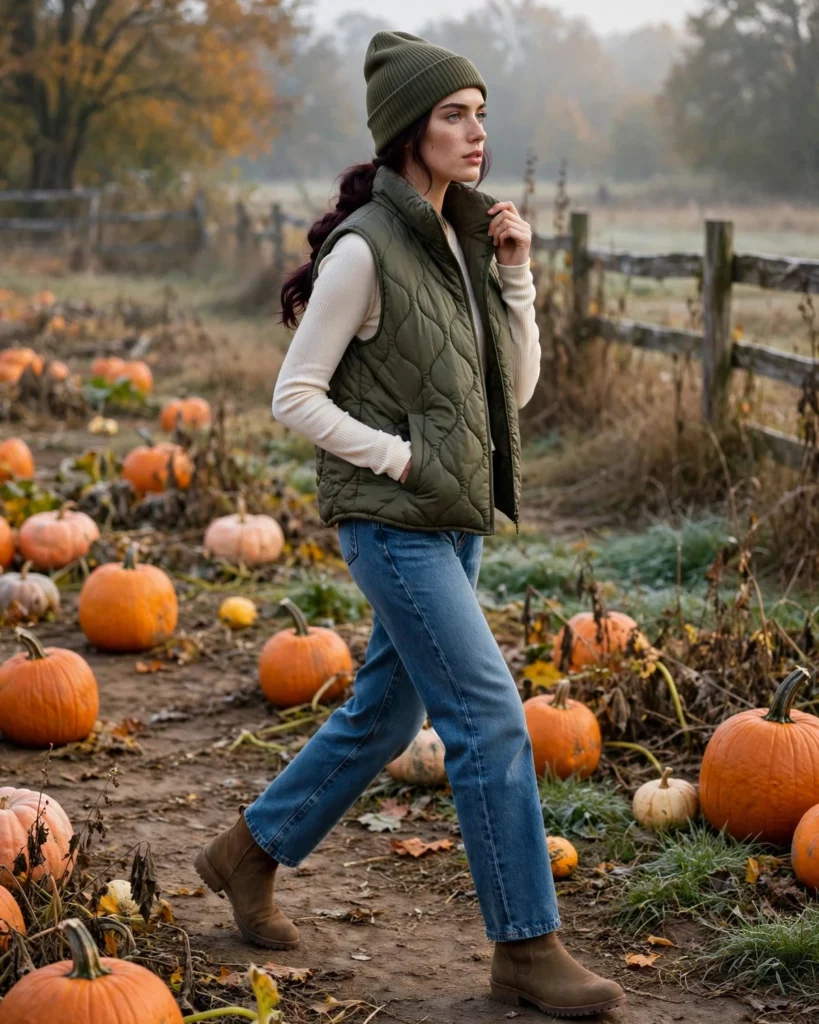 21 Casual Pumpkin Patch Outfits: Cute & Comfortable Fall Looks 20 Puffer Vest with Straight-Leg Pants Casual Pumpkin Patch Outfit