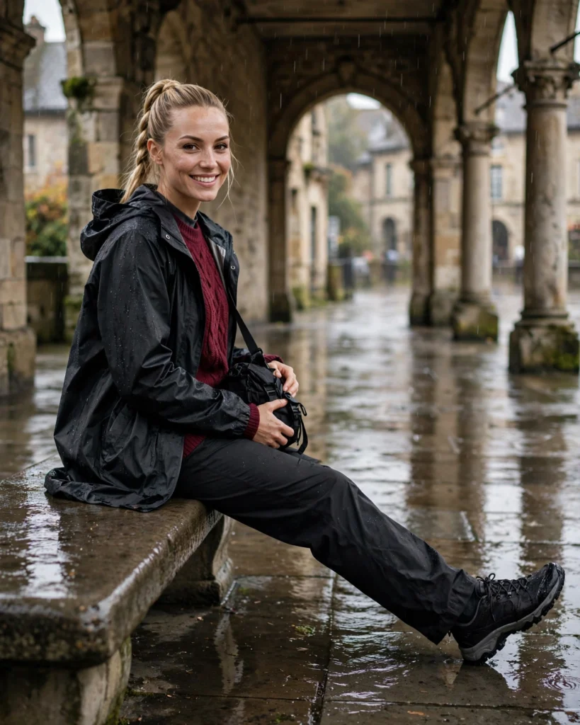 Rainy Sightseeing Outfit with a Knit Sweater and Waterproof Trousers Fall Travel Outfit