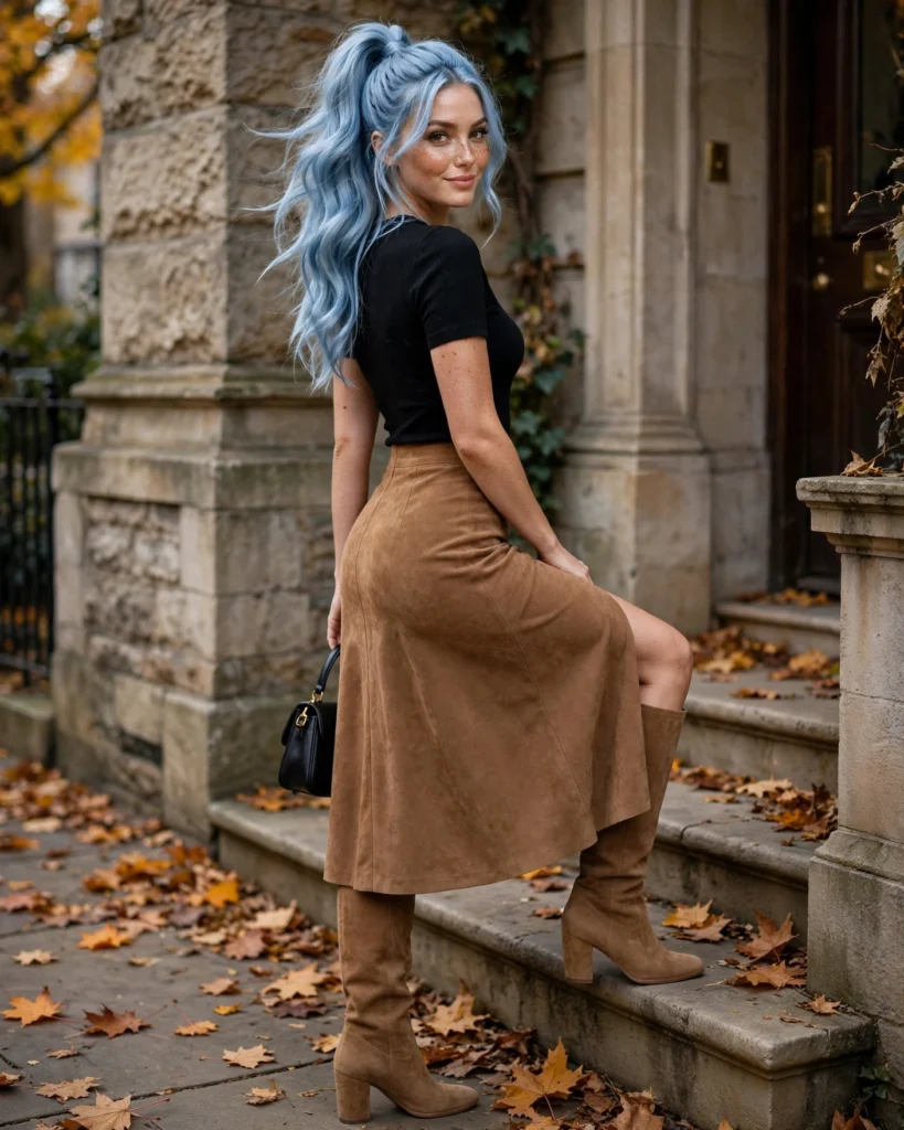 Suede Midi Skirt with Knee-High Boots Fall Fashion Outfit