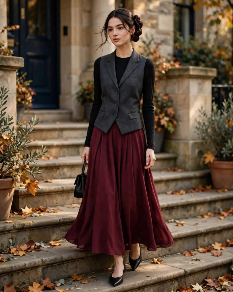 Tailored Vest with a Midi Skirt Fall Vest Outfit