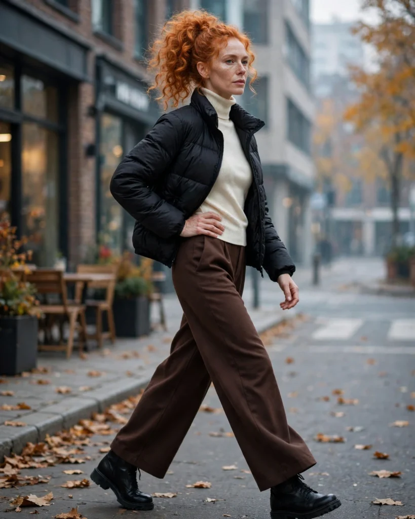 Turtleneck with a Puffer Jacket and Wide-Leg Trousers Fall to Winter Outfit