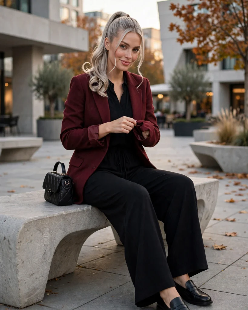 21 Nice Fall Outfits for 2026: Chic, Classy & Effortless Looks 20 Black Wide-Leg Jumpsuit with a Burgundy Blazer Nice Fall Outfit