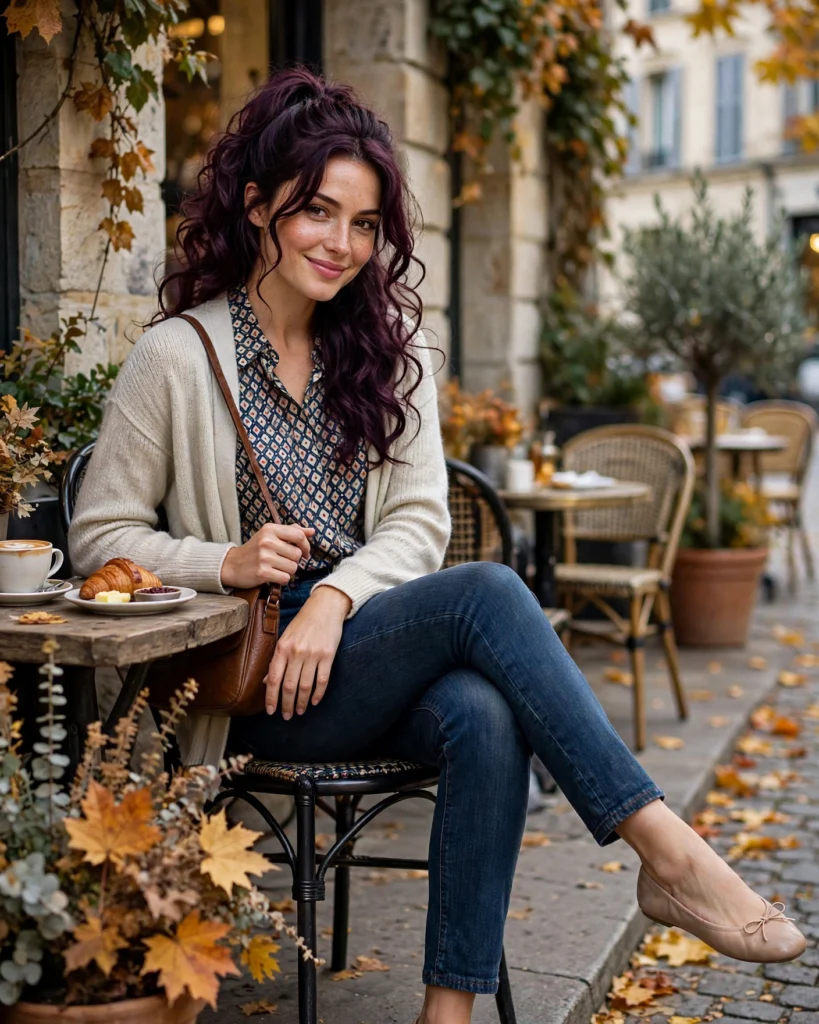 Weekend Brunch Outfit with a Printed Blouse and Tailored Jeans Fall Travel Outfit
