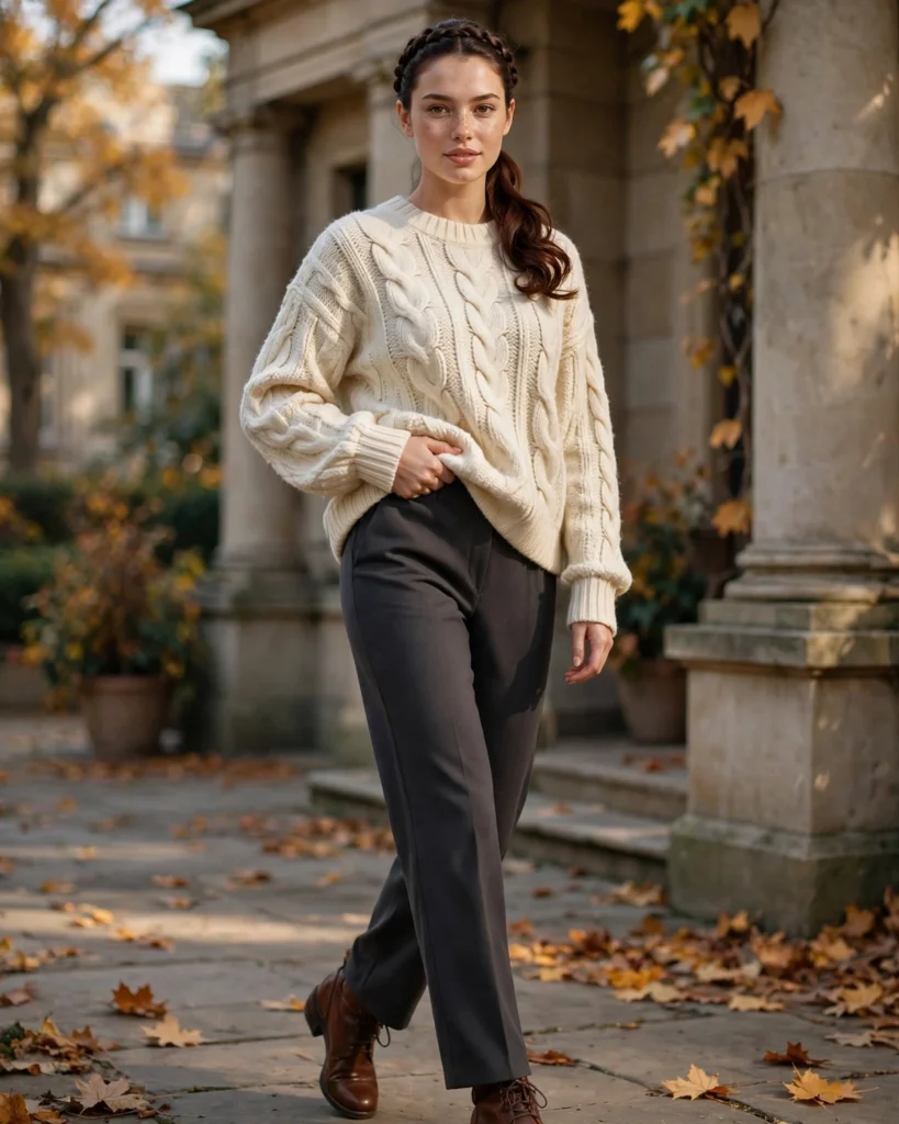 Chunky Cable-Knit Sweater with Straight-Leg Trousers Fall Sweater Outfit
