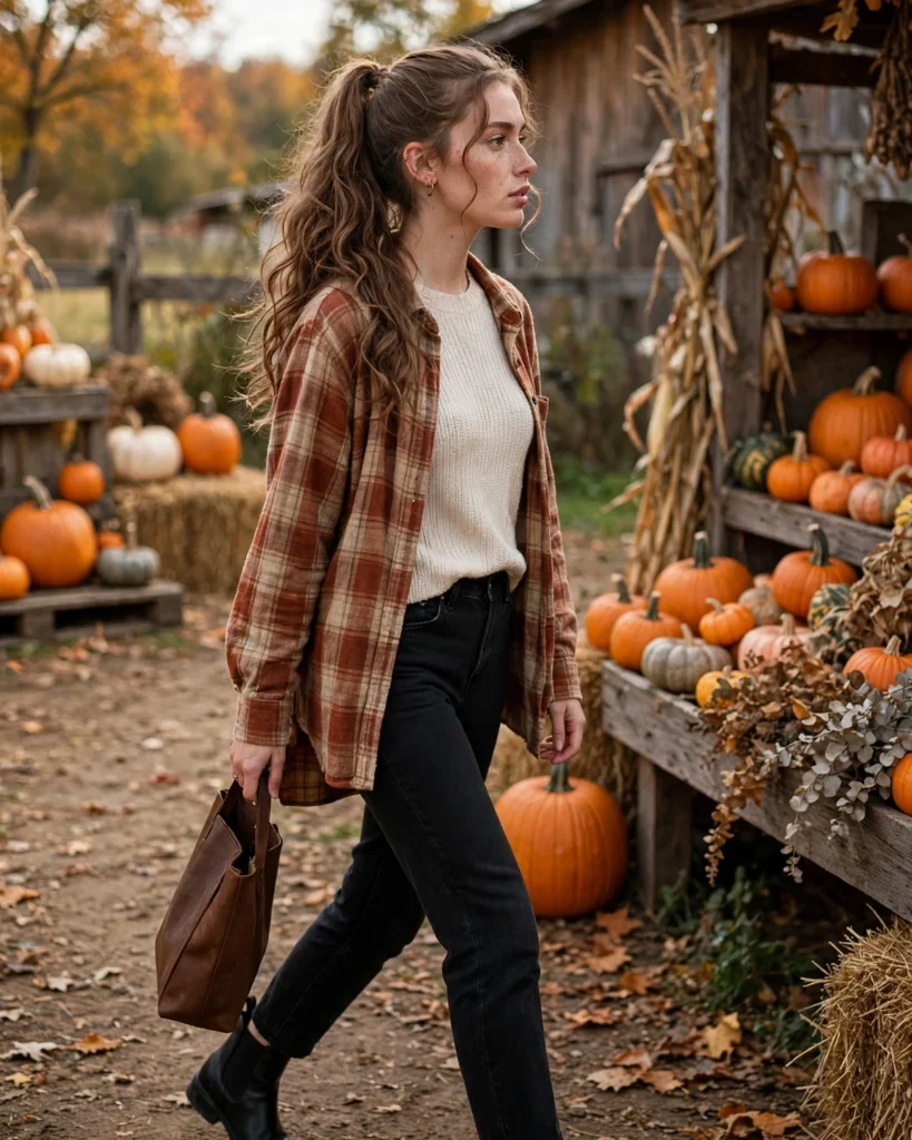 21 Pumpkin Patch Outfits with Black Boots: Cute & Chic Fall Looks 21 Cream Knit Top with Black Jeans and a Shacket Pumpkin Patch Outfit with Black Boots