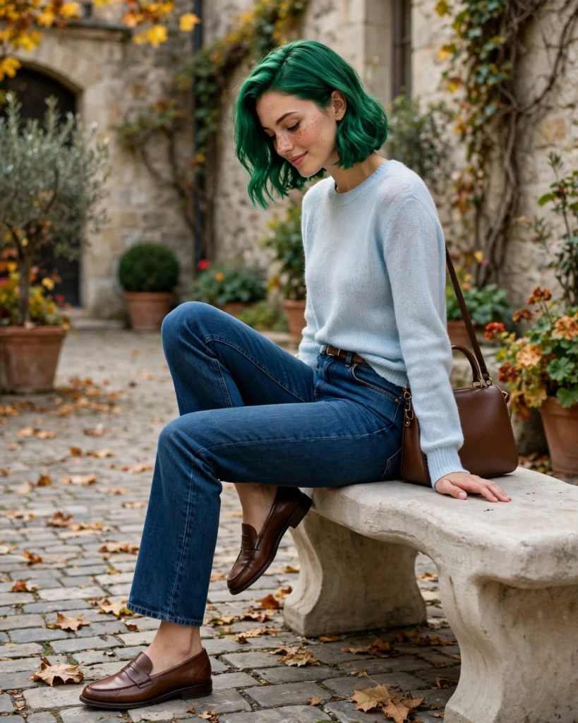 Jeans with a Fine-Knit Sweater and Loafers Fall Jeans Outfit
