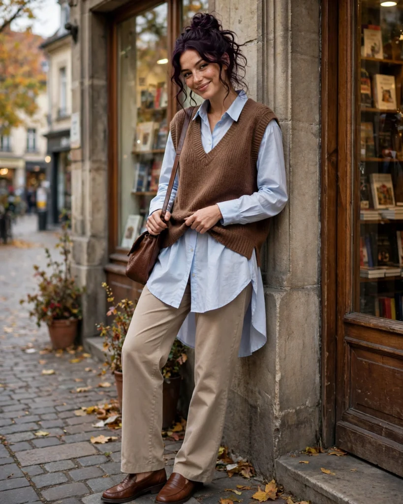 22 Modest Fall Outfits: Elegant and Chic Looks for Every Occasion 21 Layered Maxi Shirt with a Knit Vest Modest Fall Outfit