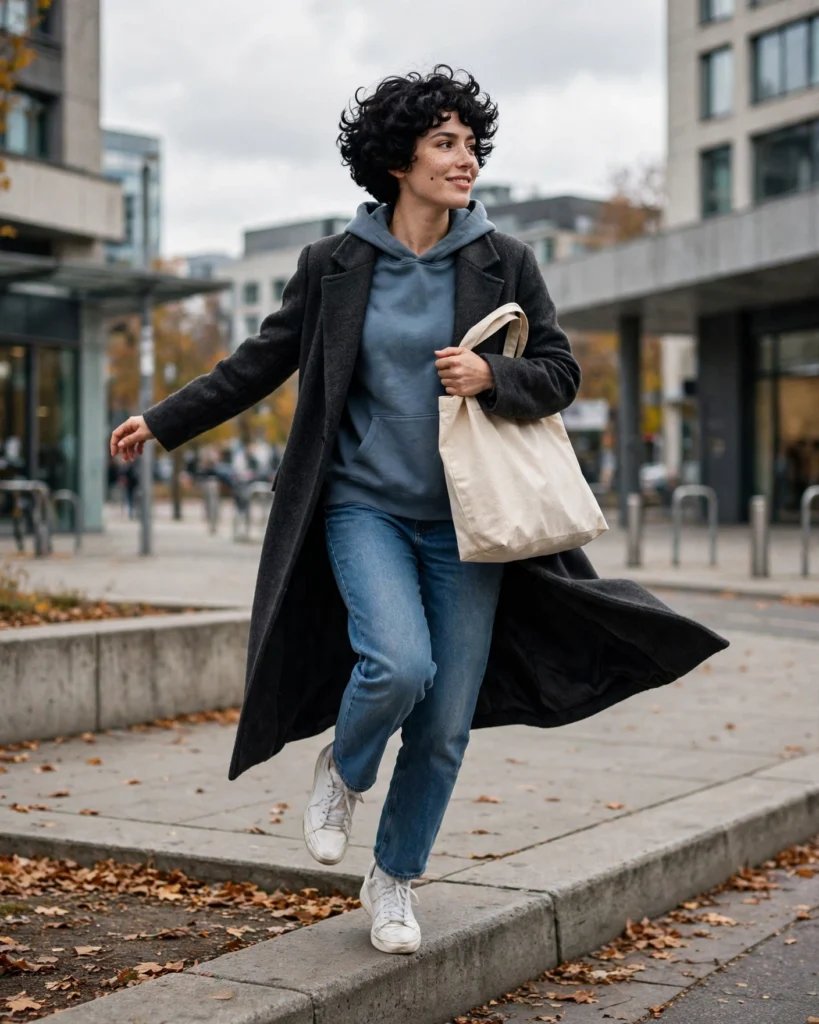 Long Coat with a Hoodie and Sneakers Fall Coat Outfit