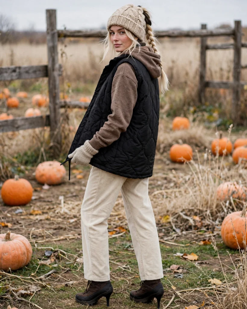Long Padded Gilet with a Thick Hoodie and Corduroy Pants Cold Pumpkin Patch Outfit