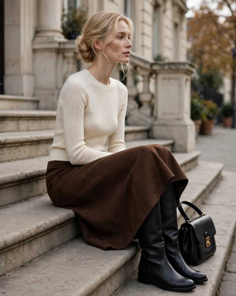 Midi Skirt with a Fine-Knit Top and Knee-High Boots Fall Outfit for Women in Their 30s
