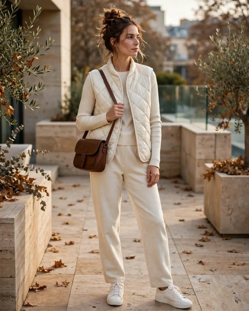 Neutral Puffer Vest with a Monochrome Outfit Fall Vest Outfit