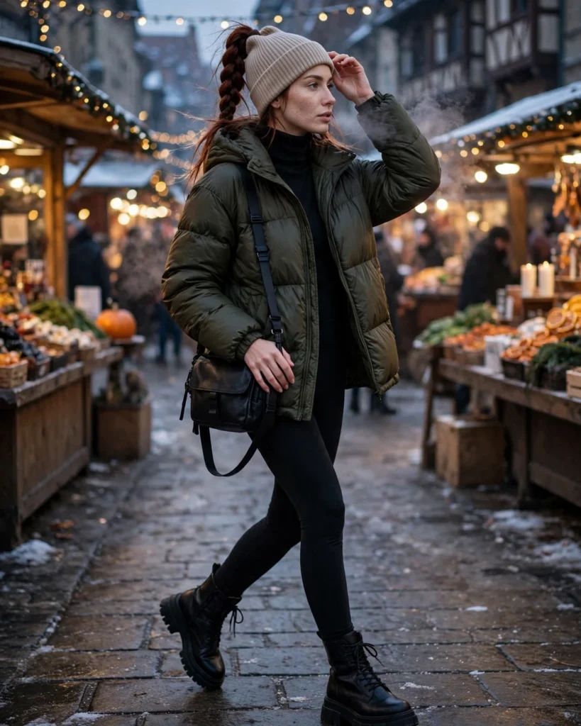 21 Winter Going Out Outfits: Chic Looks for Cold Nights 21 Puffer Jacket with Sleek Leggings and Boots Winter Going Out Outfit