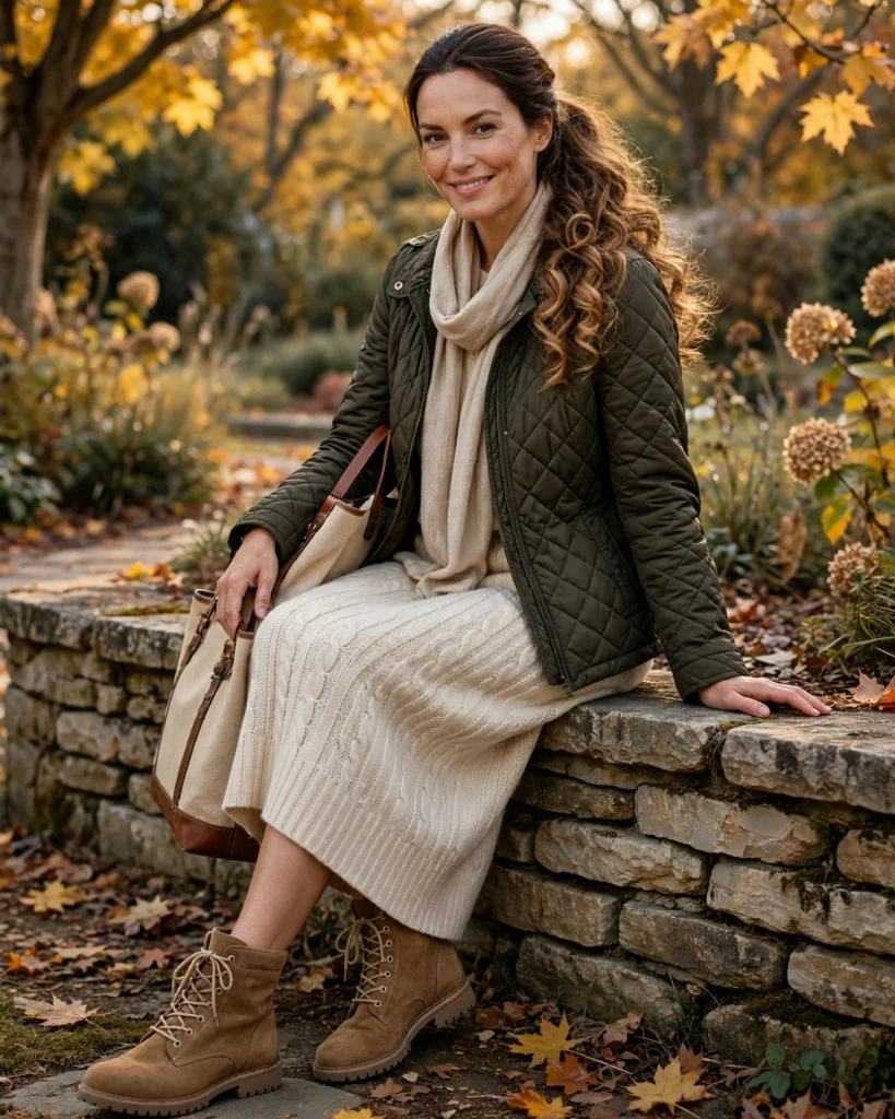 20 Fall Mom Outfits 2026: Cozy, Chic & Casual Ideas 20 Cozy Family Weekend Outfit with a Quilted Jacket and Knit Dress Fall Mom Outfit