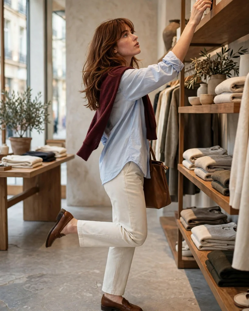 Relaxed Shirt with a Knit Sweater Draped Over the Shoulders Cozy Autumn Outfit