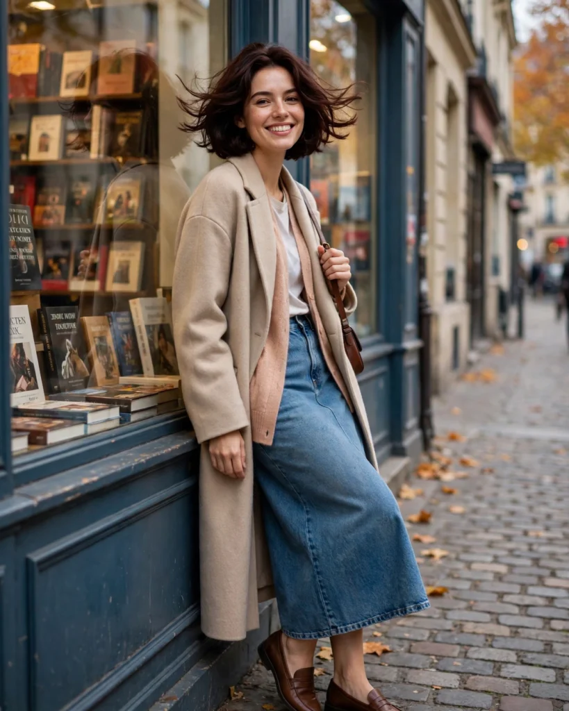 21 Must-Have Fall Outfits: Chic Looks to Wear All Season 21 Soft Cardigan with a Denim Midi Skirt Must-Have Fall Outfit