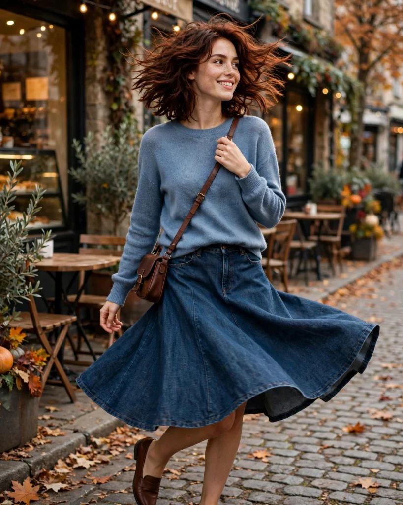 Lightweight Sweater with a Casual A-Line Skirt Casual Fall Outfit