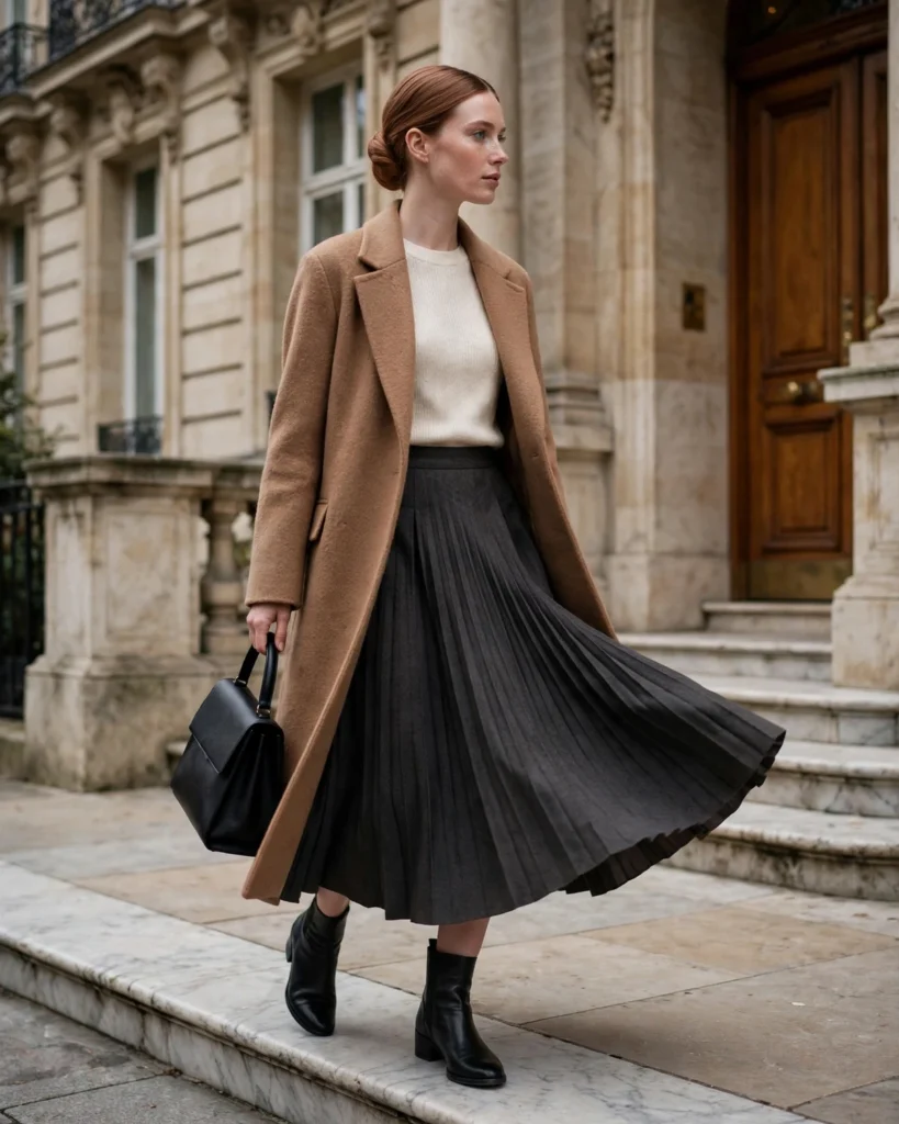 Wool Coat with a Sweater and a Pleated Midi Skirt Fall to Winter Outfit