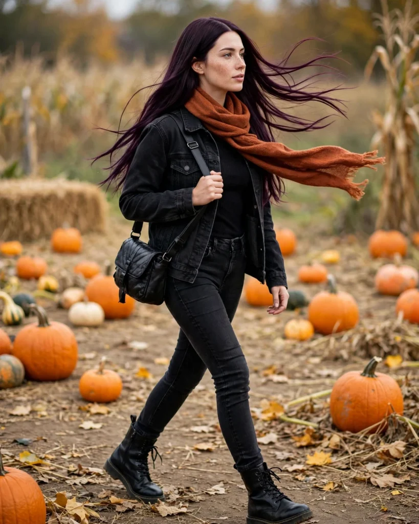 21 Pumpkin Patch Outfits with Black Boots: Cute & Chic Fall Looks 22 All-Black Outfit with a Rust Scarf Pumpkin Patch Outfit with Black Boots