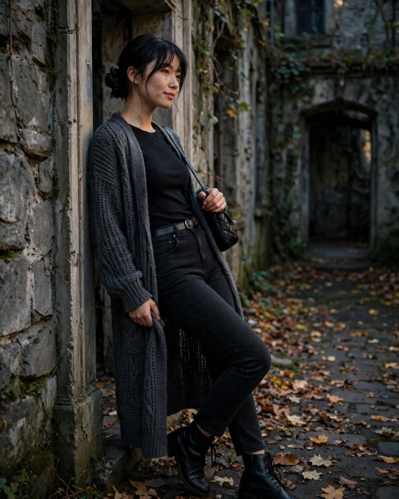 21 Haunted House Outfits for Women: Cute, Spooky & Comfortable Ideas 21 Black Jeans with a Longline Cardigan Haunted House Outfit