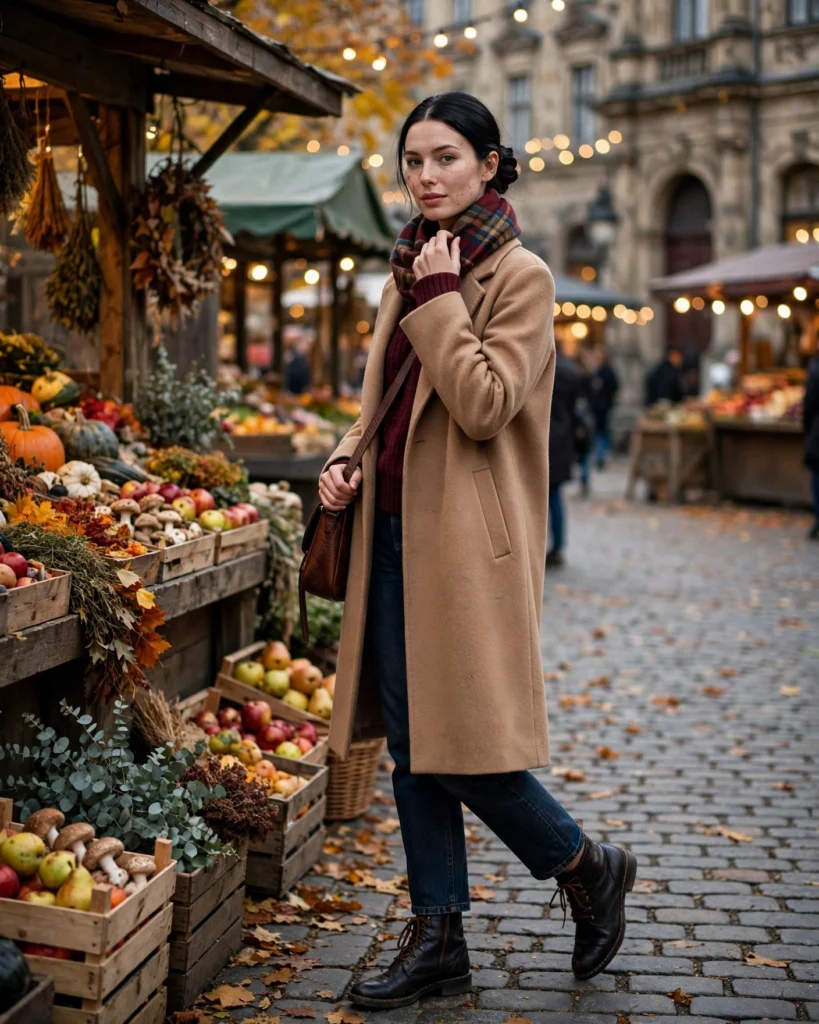 21 Fall Festival Outfits for Women: Cute & Chic Looks for Autumn 22 Camel Coat with a Knit Top and Dark Jeans Fall Festival Outfit