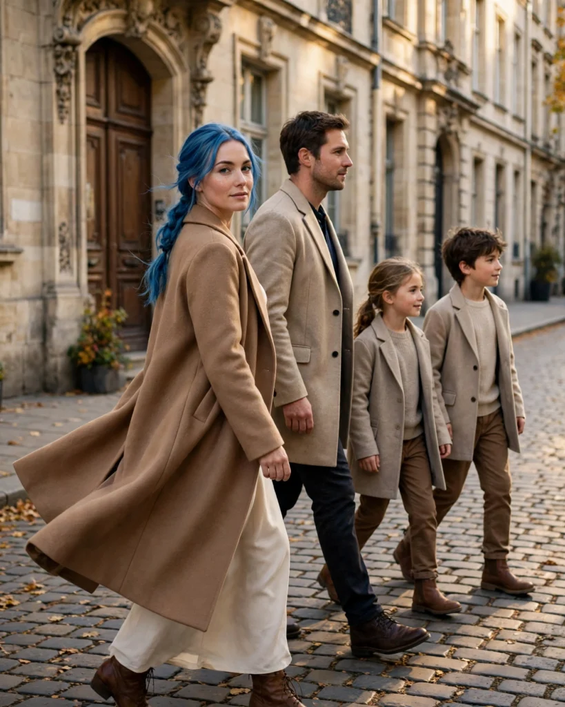 Classic Camel Coats with Autumn Neutrals Fall Family Picture Outfit