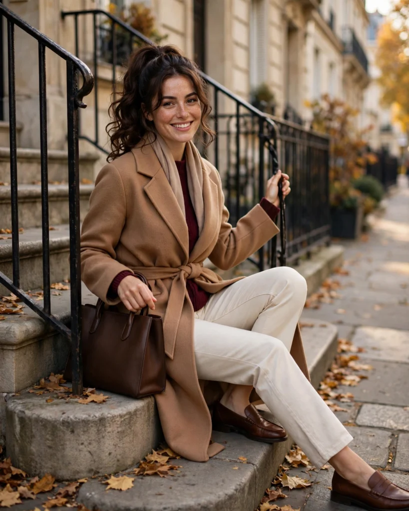 21 Nice Fall Outfits for 2026: Chic, Classy & Effortless Looks 21 Camel Wrap Coat with a Burgundy Knit and Cream Pants Nice Fall Outfit