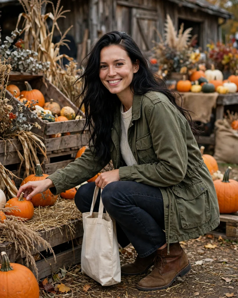Cream Sweater with an Olive Utility Jacket Pumpkin Patch Outfit