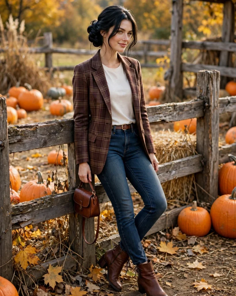 Dark-Wash Jeans with a Plaid Blazer Pumpkin Patch Outfit with Jeans