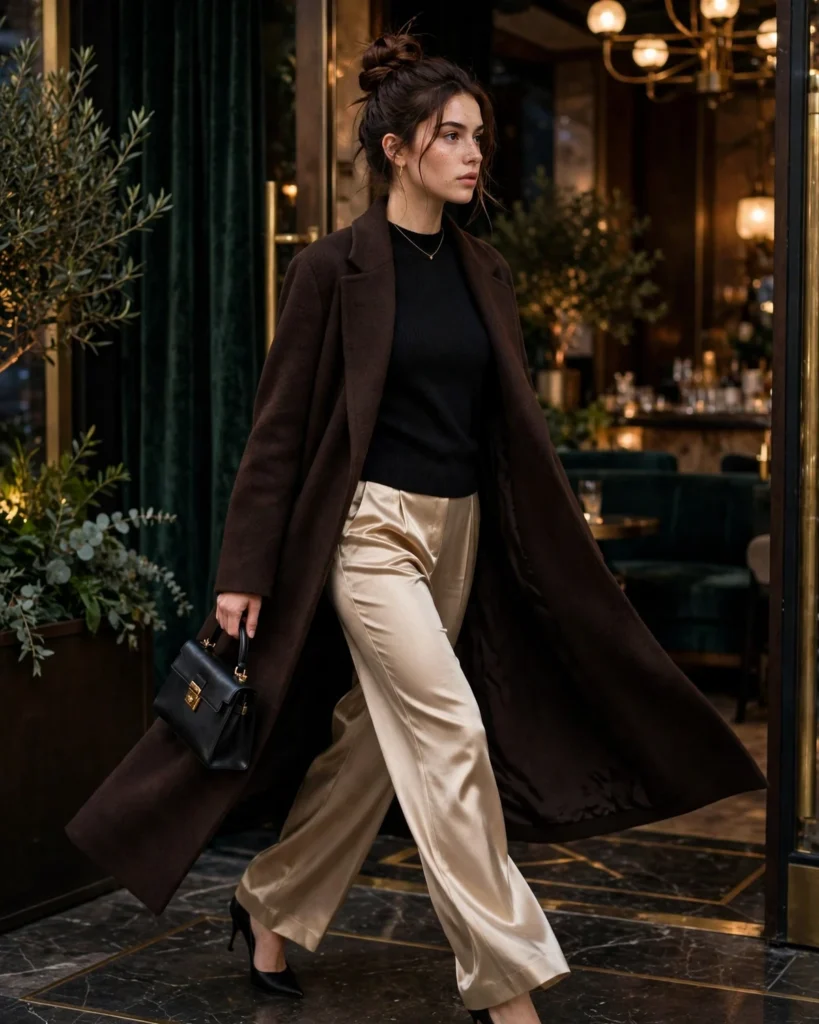 21 Winter Going Out Outfits: Chic Looks for Cold Nights 22 Fitted Knit Top with Satin Pants Winter Going Out Outfit