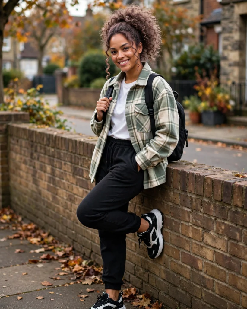 Relaxed Flannel Jacket with a Basic Tee and Joggers Casual Fall Outfit