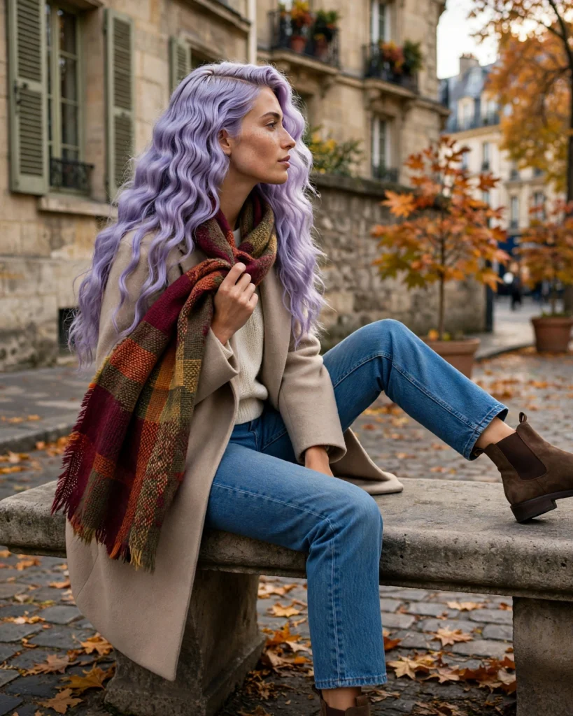 Jeans with a Statement Scarf and Neutral Layers Fall Jeans Outfit