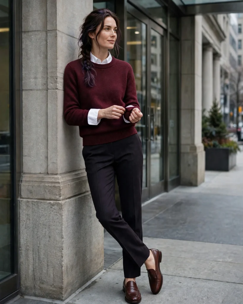 Layered Shirt with a Sweater and Dark Trousers Fall to Winter Outfit