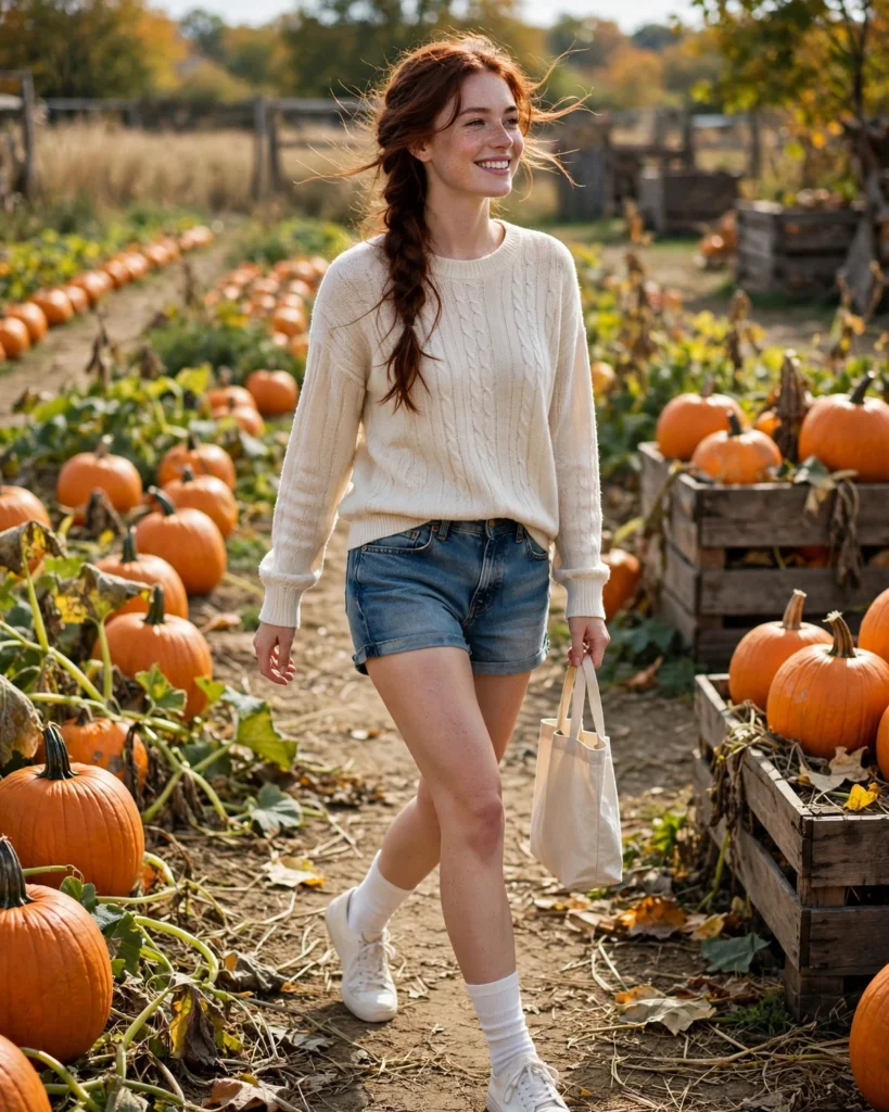 21 Casual Pumpkin Patch Outfits: Cute & Comfortable Fall Looks 22 Lightweight Sweater with Casual Denim Shorts Casual Pumpkin Patch Outfit