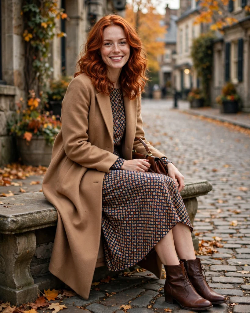22 Modest Fall Outfits: Elegant and Chic Looks for Every Occasion 22 Long Coat with a Modest Printed Midi Dress Modest Fall Outfit