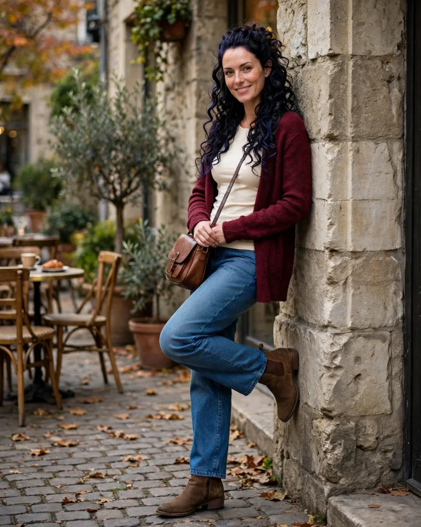 Relaxed Jeans with a Cardigan and Ankle Boots Fall Outfit for Women in Their 30s