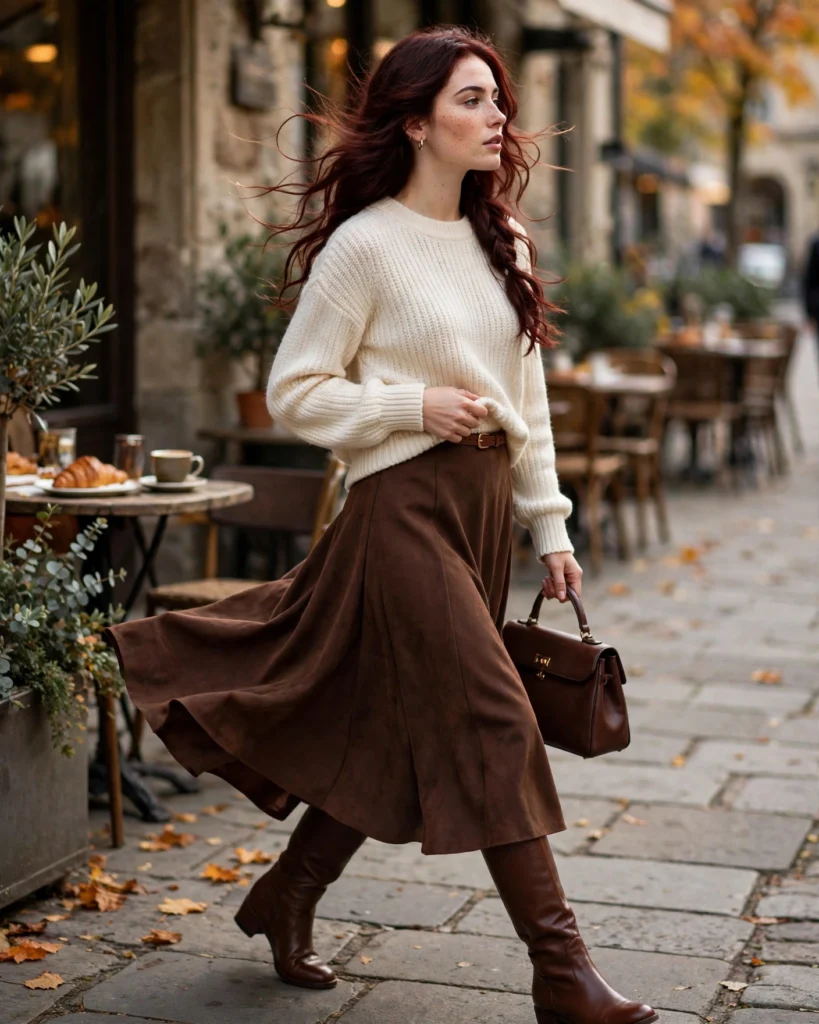 Sweater with a Midi Skirt and Knee-High Boots Simple Fall Outfit