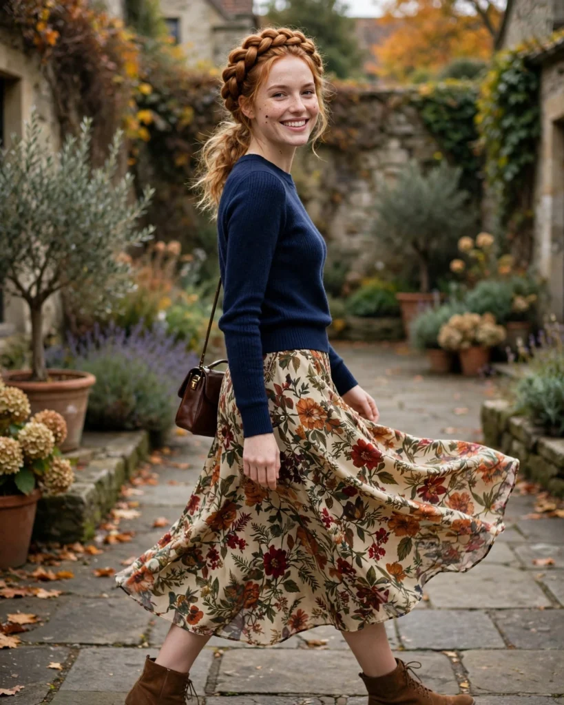 Sweater with a Printed Midi Skirt Fall Sweater Outfit
