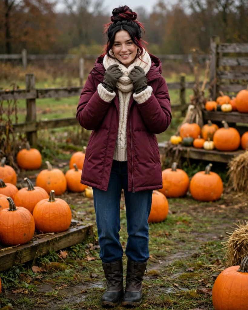 Winter-Weight Parka with a Chunky Scarf and Straight-Leg Jeans Cold Pumpkin Patch Outfit