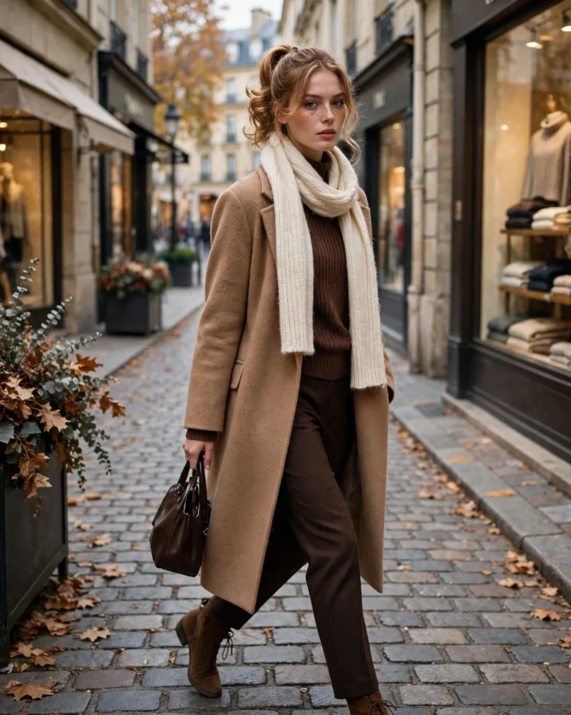 Chocolate Brown Layers with a Camel Coat Fall to Winter Outfit