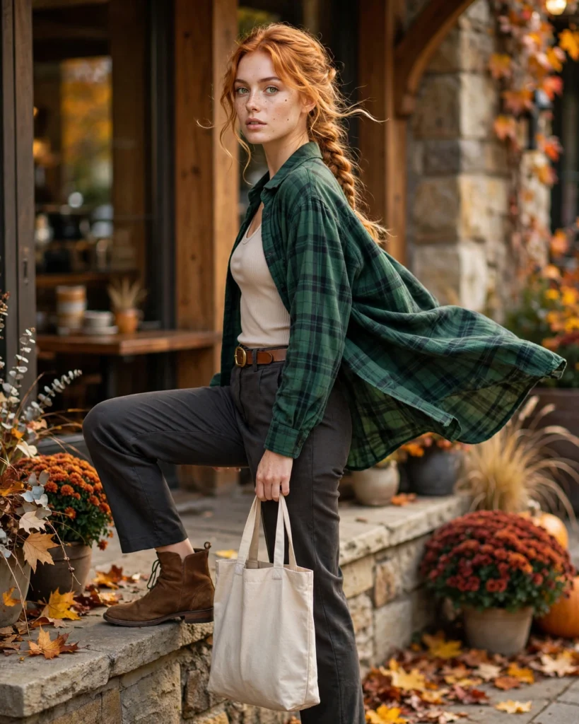 Flannel Shirt with a Fitted Top and Straight-Leg Trousers Cozy Autumn Outfit
