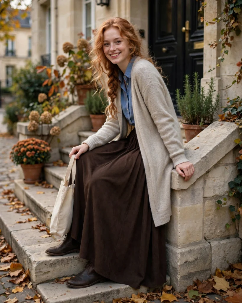 22 Modest Fall Outfits: Elegant and Chic Looks for Every Occasion 23 Longline Cardigan with a Shirt and Maxi Skirt Modest Fall Outfit